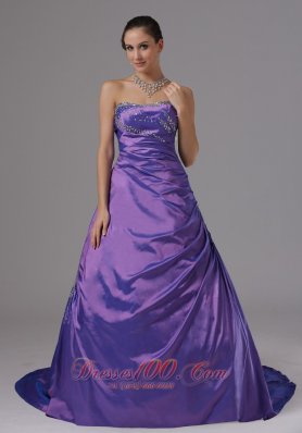 A-line Taffeta Eggplant Purple Beaded Prom Dress