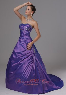 A-line Taffeta Eggplant Purple Beaded Prom Dress