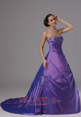 A-line Taffeta Eggplant Purple Beaded Prom Dress