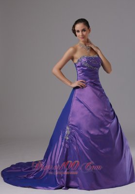 A-line Taffeta Eggplant Purple Beaded Prom Dress