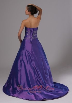 A-line Taffeta Eggplant Purple Beaded Prom Dress