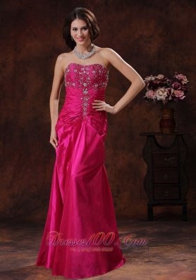 Hot Pink Taffeta Lace-up Beaded Prom Dress
