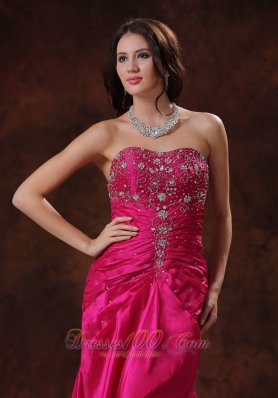 Hot Pink Taffeta Lace-up Beaded Prom Dress