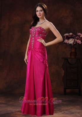 Hot Pink Taffeta Lace-up Beaded Prom Dress