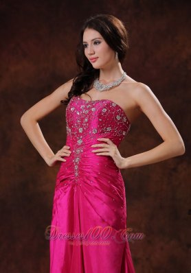 Hot Pink Taffeta Lace-up Beaded Prom Dress