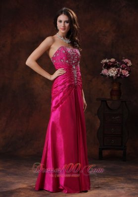 Hot Pink Taffeta Lace-up Beaded Prom Dress