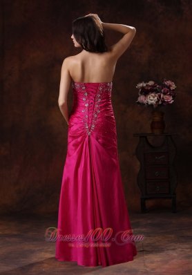 Hot Pink Taffeta Lace-up Beaded Prom Dress