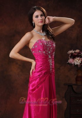 Hot Pink Taffeta Lace-up Beaded Prom Dress