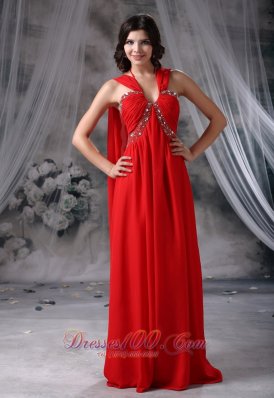 Watteau Train Chiffon Red Beading Prom Evening Dress