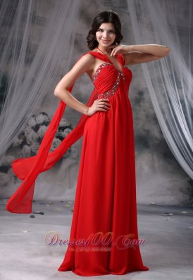 Watteau Train Chiffon Red Beading Prom Evening Dress