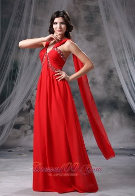 Watteau Train Chiffon Red Beading Prom Evening Dress