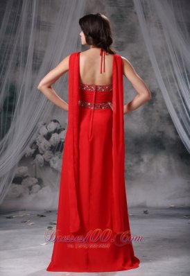 Watteau Train Chiffon Red Beading Prom Evening Dress