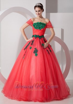 Coral Red Hand Made Flower Off the Shoulder Quince Dress