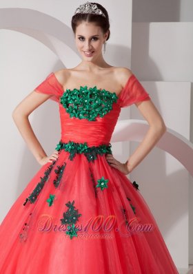 Coral Red Hand Made Flower Off the Shoulder Quince Dress