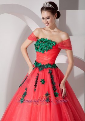 Coral Red Hand Made Flower Off the Shoulder Quince Dress