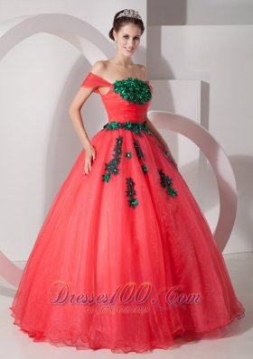 Coral Red Hand Made Flower Off the Shoulder Quince Dress