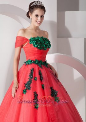 Coral Red Hand Made Flower Off the Shoulder Quince Dress