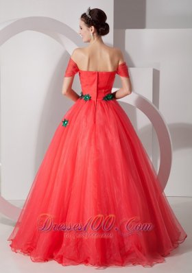 Coral Red Hand Made Flower Off the Shoulder Quince Dress