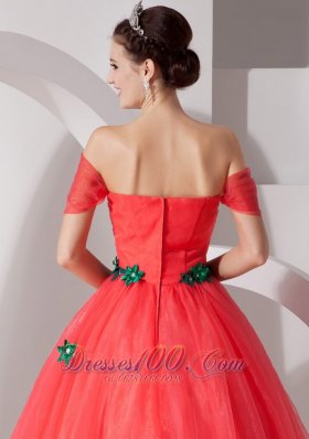 Coral Red Hand Made Flower Off the Shoulder Quince Dress