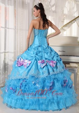 Aqua Quinceanera Dress Pick-ups Hand Made Flower Decorate