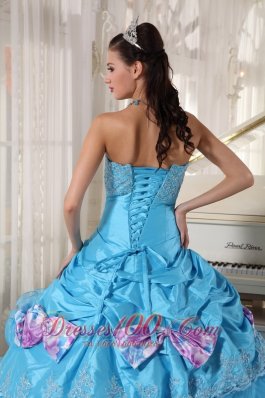 Aqua Quinceanera Dress Pick-ups Hand Made Flower Decorate