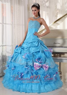 Aqua Quinceanera Dress Pick-ups Hand Made Flower Decorate