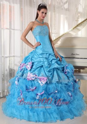 Aqua Quinceanera Dress Pick-ups Hand Made Flower Decorate