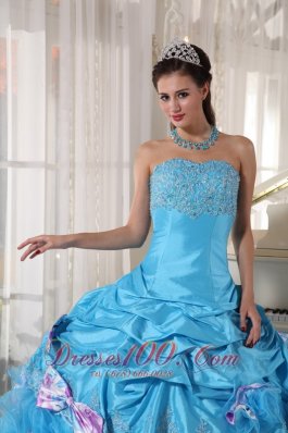 Aqua Quinceanera Dress Pick-ups Hand Made Flower Decorate