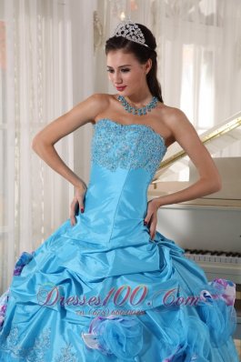 Aqua Quinceanera Dress Pick-ups Hand Made Flower Decorate