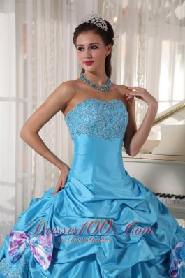 Aqua Quinceanera Dress Pick-ups Hand Made Flower Decorate