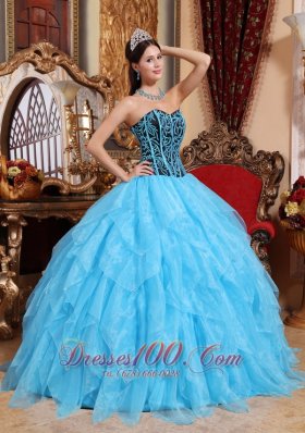 Aqua Blue Quinceanera Dress Sweetheart Embroidery Ruffles