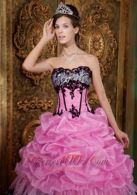 Rose Pink and Zebra Print Pick-ups Boning Sweet 15 Dress