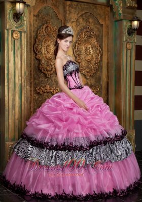 Rose Pink and Zebra Print Pick-ups Boning Sweet 15 Dress