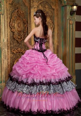 Rose Pink and Zebra Print Pick-ups Boning Sweet 15 Dress