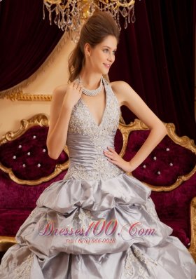 Multi-tiered Gray Quinceanera Dress Taffeta Halter