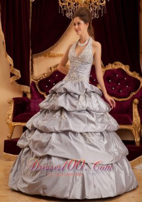 Multi-tiered Gray Quinceanera Dress Taffeta Halter