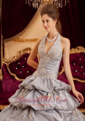 Multi-tiered Gray Quinceanera Dress Taffeta Halter