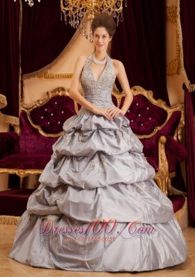 Multi-tiered Gray Quinceanera Dress Taffeta Halter