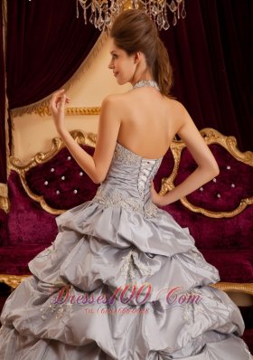 Multi-tiered Gray Quinceanera Dress Taffeta Halter