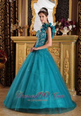 Teal One Shoulder Beading Dress for Quinceanera