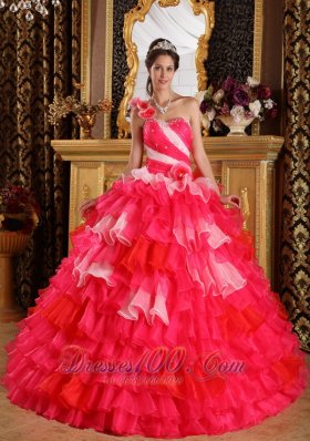 Red Pink Color Quinceanera Dress Layer One Shoulder