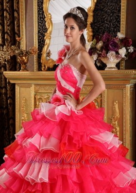 Red Pink Color Quinceanera Dress Layer One Shoulder