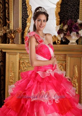 Red Pink Color Quinceanera Dress Layer One Shoulder