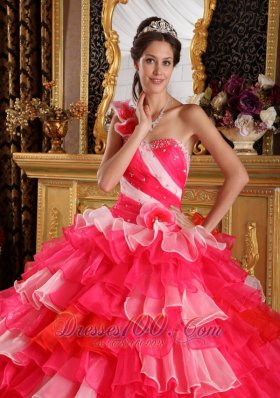 Red Pink Color Quinceanera Dress Layer One Shoulder