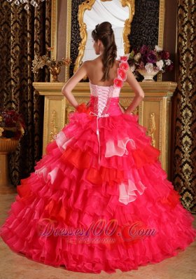 Red Pink Color Quinceanera Dress Layer One Shoulder