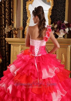 Red Pink Color Quinceanera Dress Layer One Shoulder