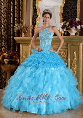 One Shoulder Aqua Blue Quinceanera Dress Beading