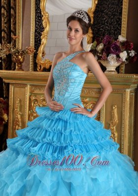 One Shoulder Aqua Blue Quinceanera Dress Beading