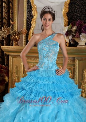 One Shoulder Aqua Blue Quinceanera Dress Beading