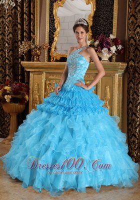 One Shoulder Aqua Blue Quinceanera Dress Beading